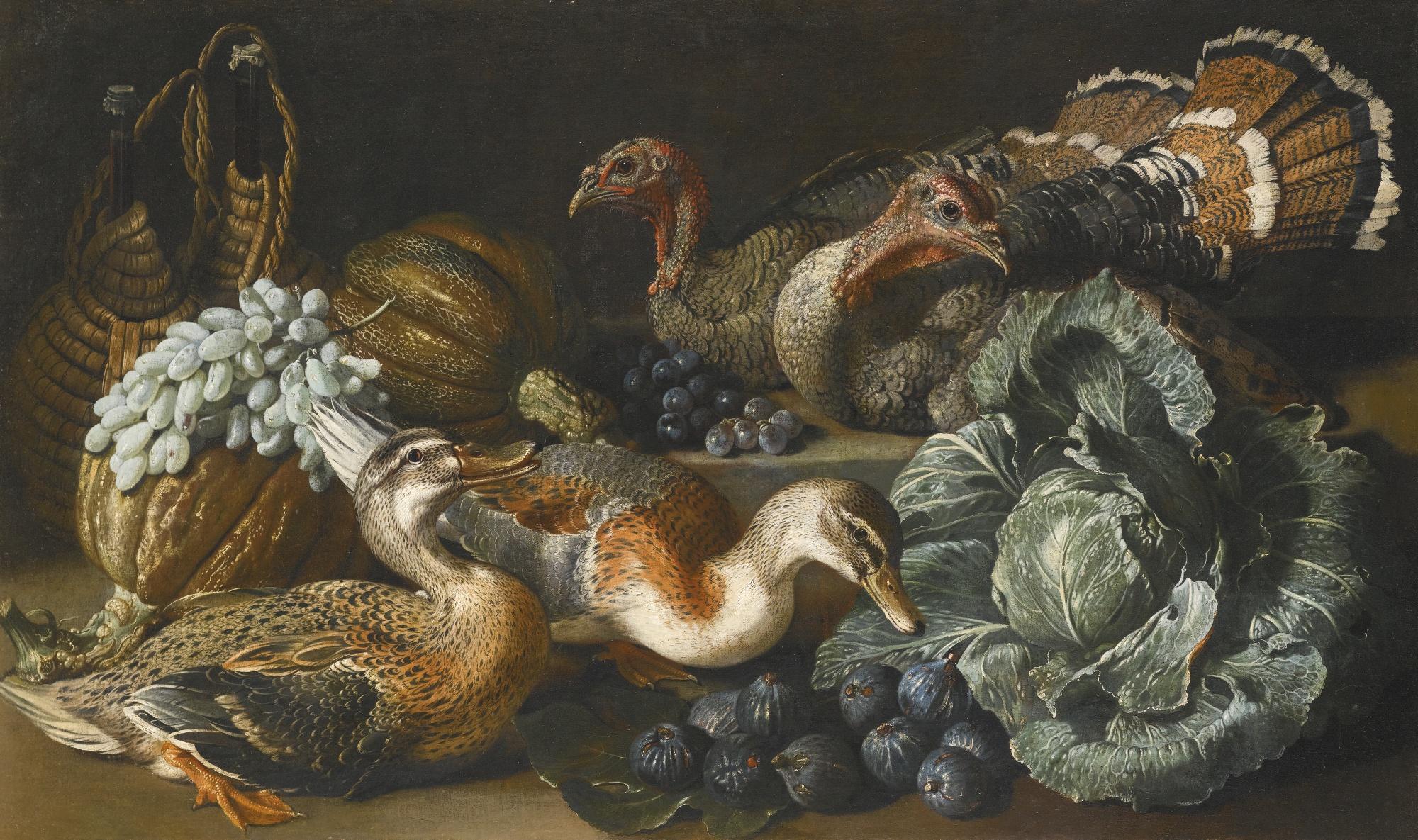 Jacob Van Der Kerchoven - A Still Life Of Ducks, Turkeys, Melons, Figs, Grapes And A Cabbage On A Stone Ledge