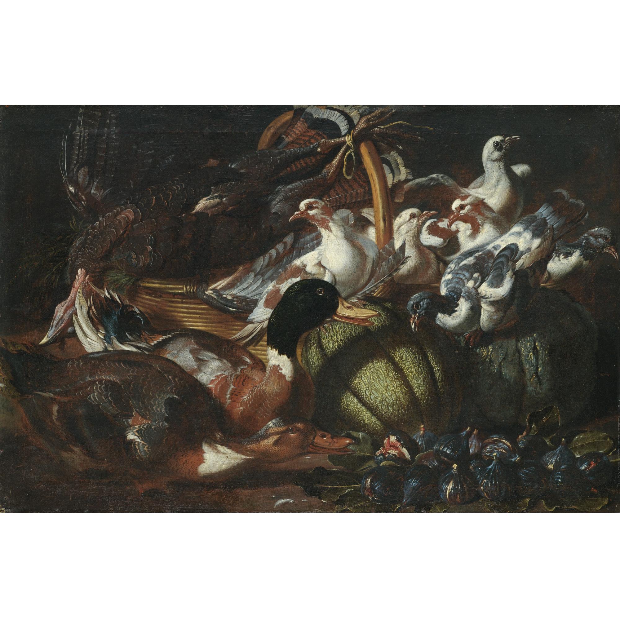 Jacob Van Der Kerchoven - A Still Life With Ducks, Pigeons, A Dead Turkey, Figs And Melons