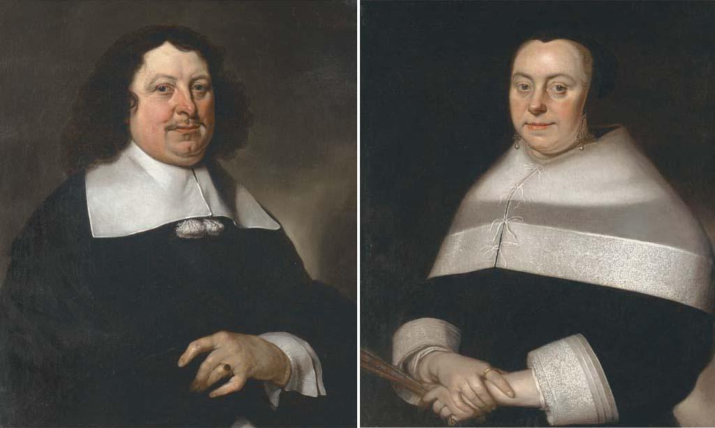 Jacob Van Der Merck - Portrait of a gentleman, half-length, in a back coat; and Portrait of a lady, half-length, in a black dress holding a fan
