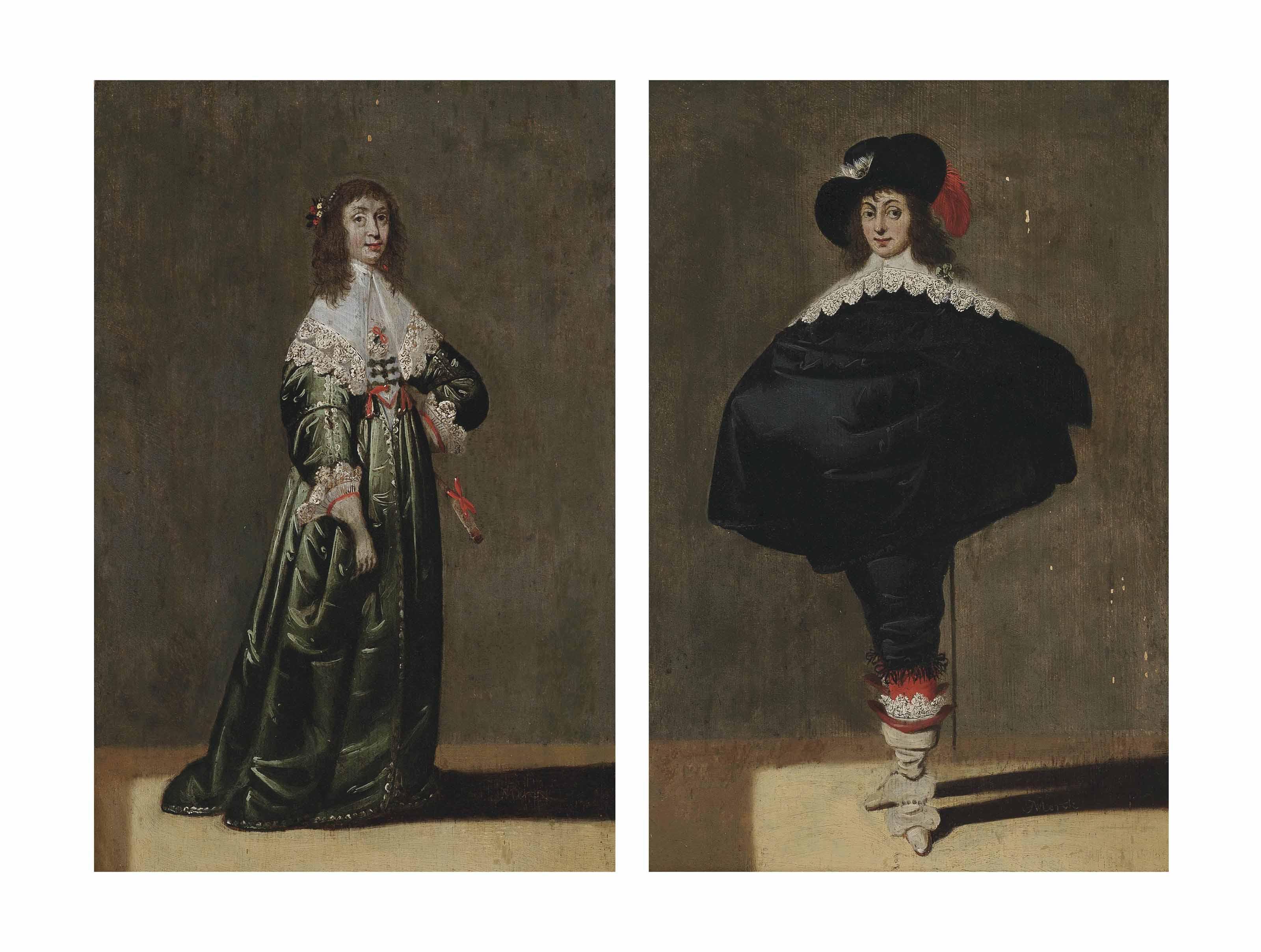 Jacob van Der Merck - Portrait of A Lady, Full-Length, In A Green Dress With A Lace Collar; And Portrait of A Gentleman, Full-Length, In A Black Cape With A Lace Collar And A Black Feathered Hat