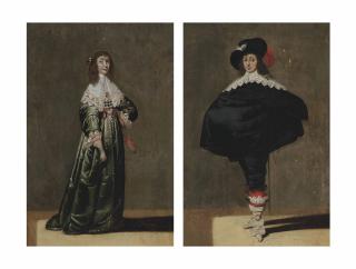 Jacob van Der Merck - Portrait of A Lady, Full-Length, In A Green Dress With A Lace Collar; And Portrait of A Gentleman, Full-Length, In A Black Cape With A Lace Collar And A Black Feathered Hat
