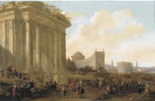 Jacob van der Ulft - A capriccio of classical architecture in a town with soldiers and oriental merchants, a bridge and mountains beyond