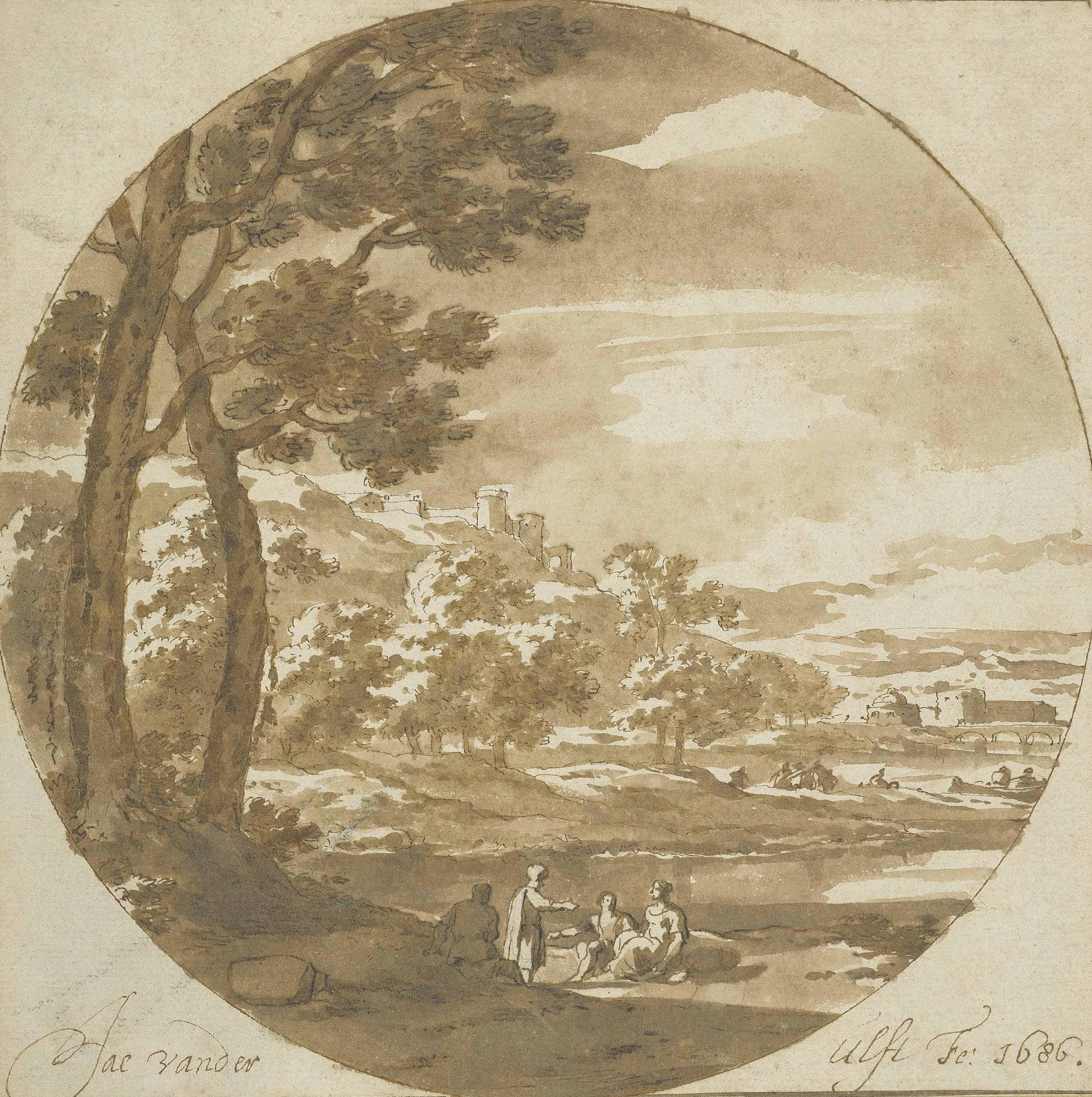 Jacob van der Ulft - Figures in an Italianate river landscape