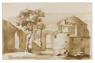 Jacob Van Der Ulft - Italianate Landscape In The Roman Campagna With Classical Architecture And Ruins