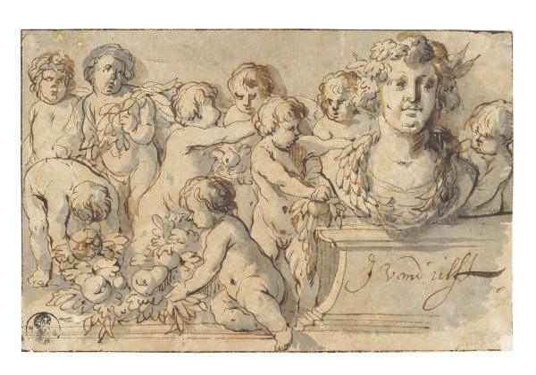 Jacob van der  Ulft - Putti decorating a portrait bust on a plinth with garland
