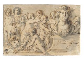 Jacob van der  Ulft - Putti decorating a portrait bust on a plinth with garland