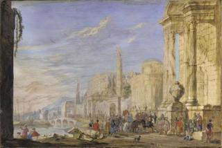 Jacob Van Der Ulft - Un caprice architectural avec un cortège au premier plan