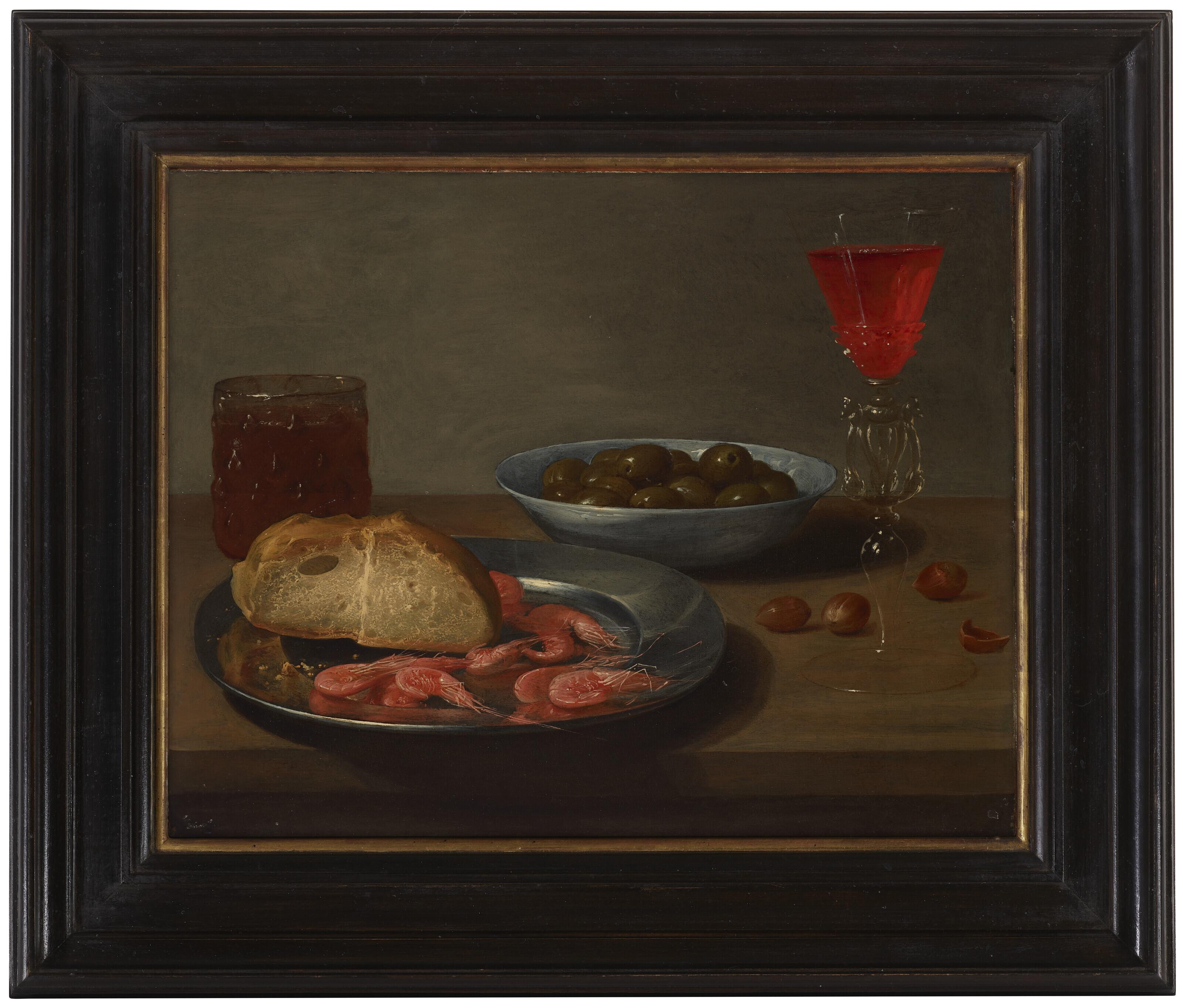 Jacob Van Es - A plate with prawns and a roll, a bowl with olives, a façon de Venise, a glass of beer and almonds on a table
