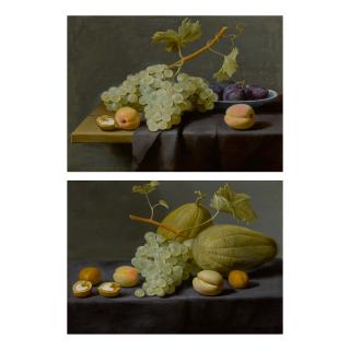 Jacob Van Es - Still Life Of Grapes, Peaches, And A Walnut, Together With Plums In A Blue And White Porcelain Bowl, All Upon A Partly Draped Stone Ledge;   Still Life Of Honey Melons, Grapes, Peaches, And Walnuts, All Upon A Stone Ledge