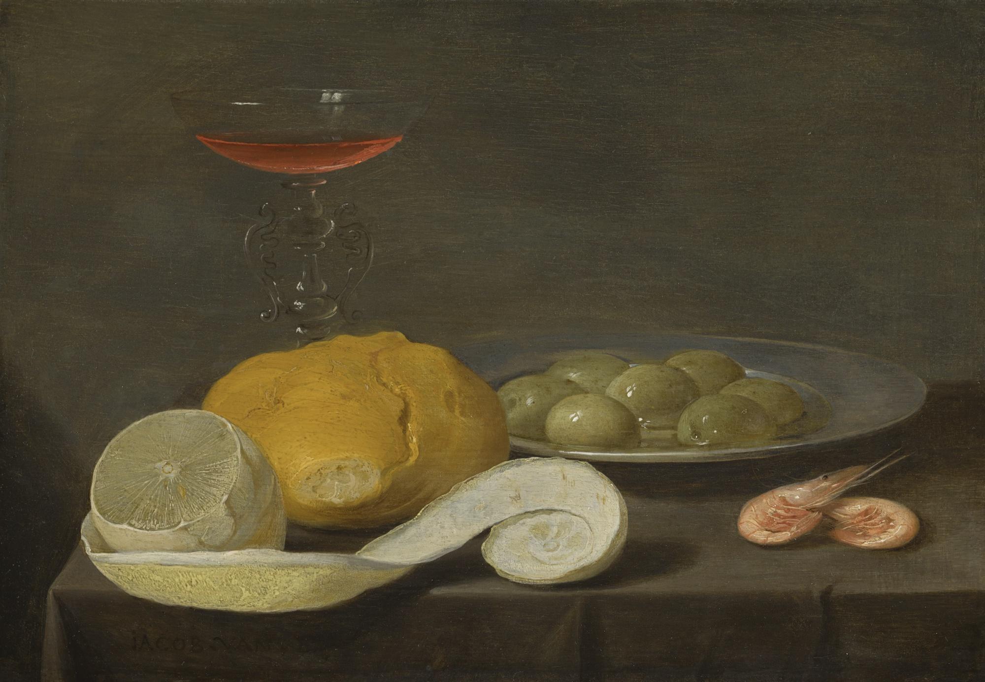Jacob Van Es - Still Life With A Wine Glass, Peeled Lemon, Bread Roll, Olives And Shrimps