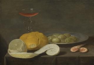 Jacob Van Es - Still Life With A Wine Glass, Peeled Lemon, Bread Roll, Olives And Shrimps