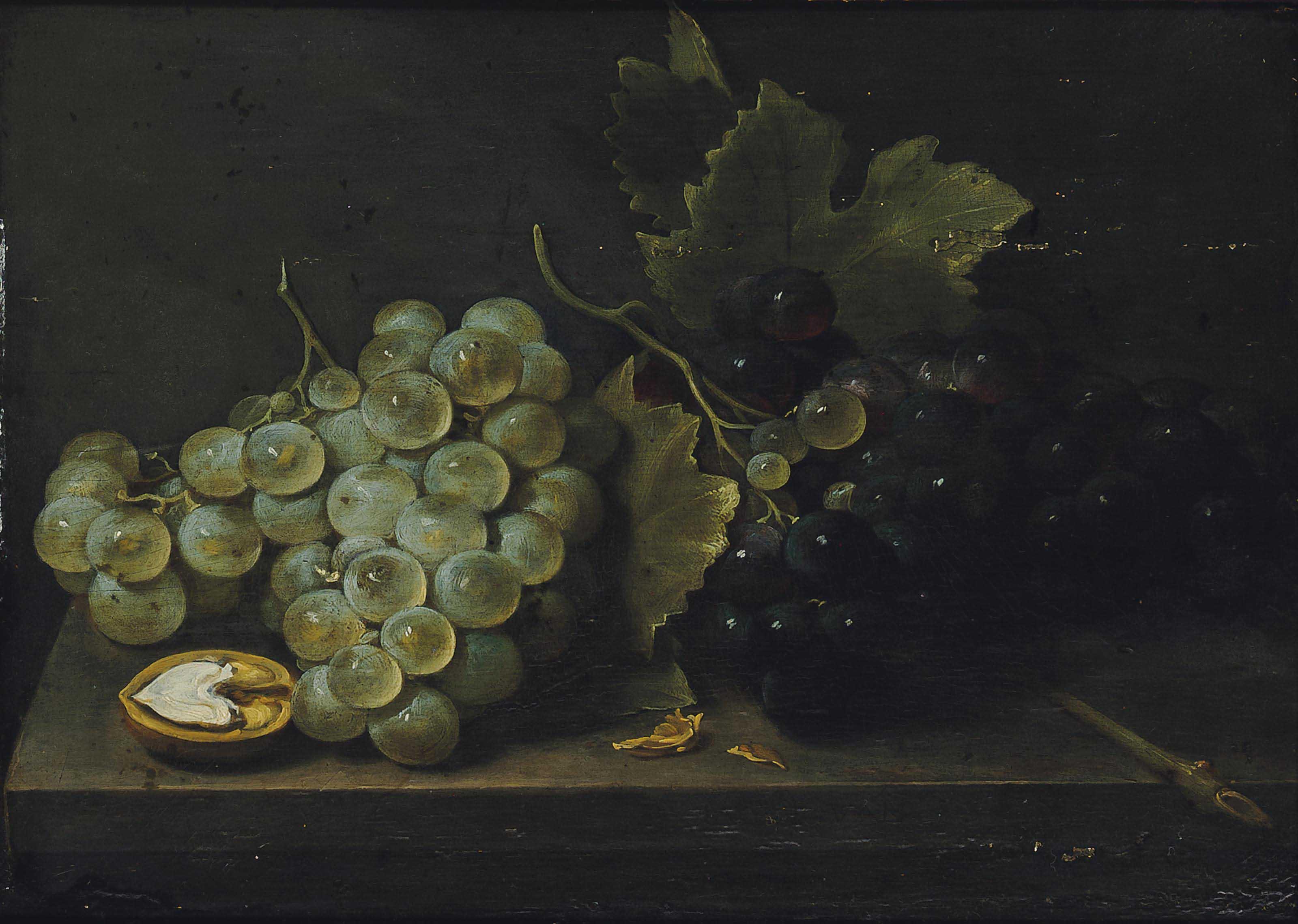 Jacob Van Es - White and red grapes with an open walnut on a stone ledge