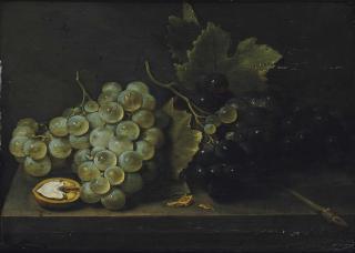 Jacob Van Es - White and red grapes with an open walnut on a stone ledge