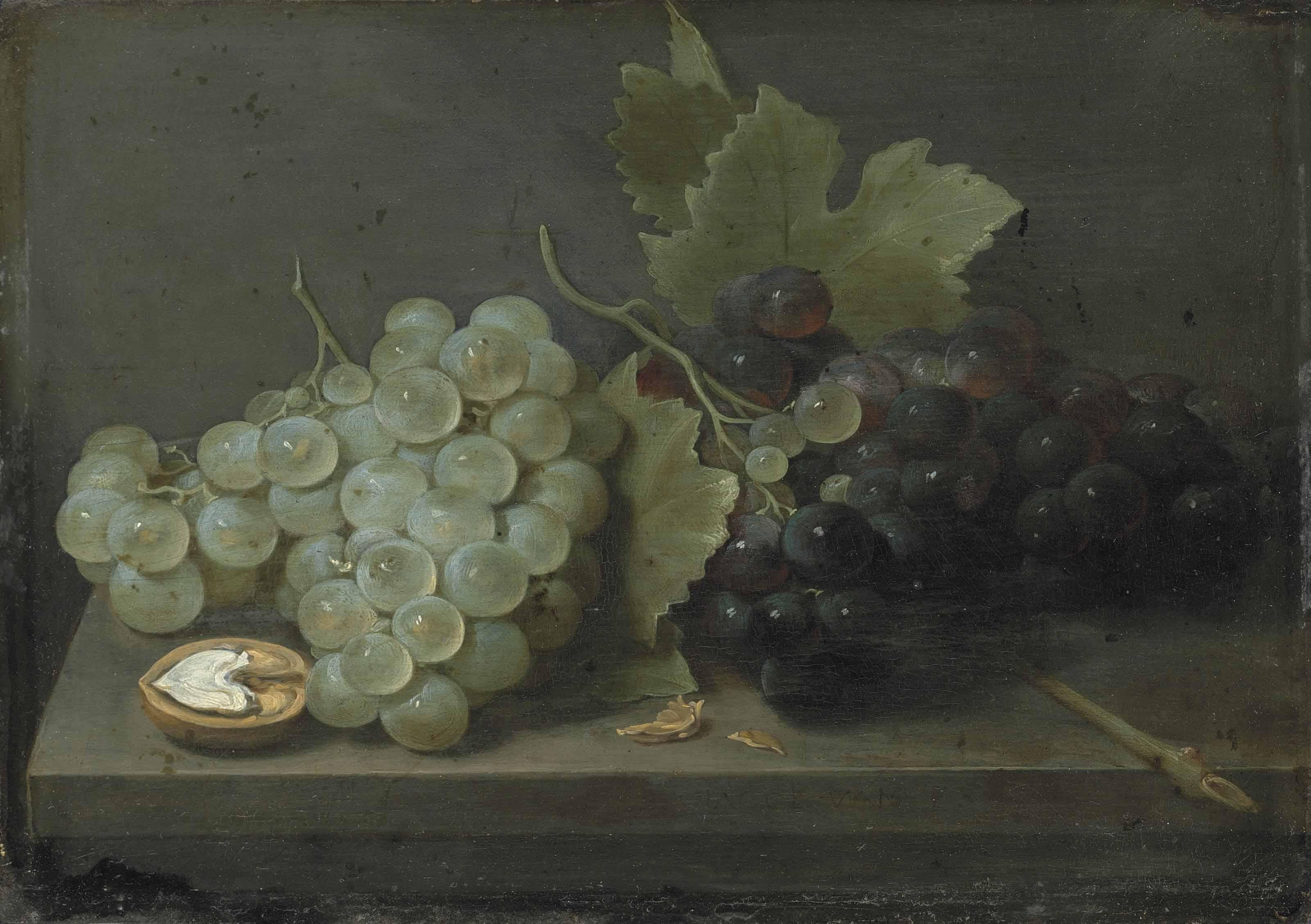 Jacob Van Es - White And Red Grapes With An Open Walnut On A Stone Ledge