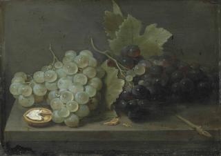 Jacob Van Es - White And Red Grapes With An Open Walnut On A Stone Ledge