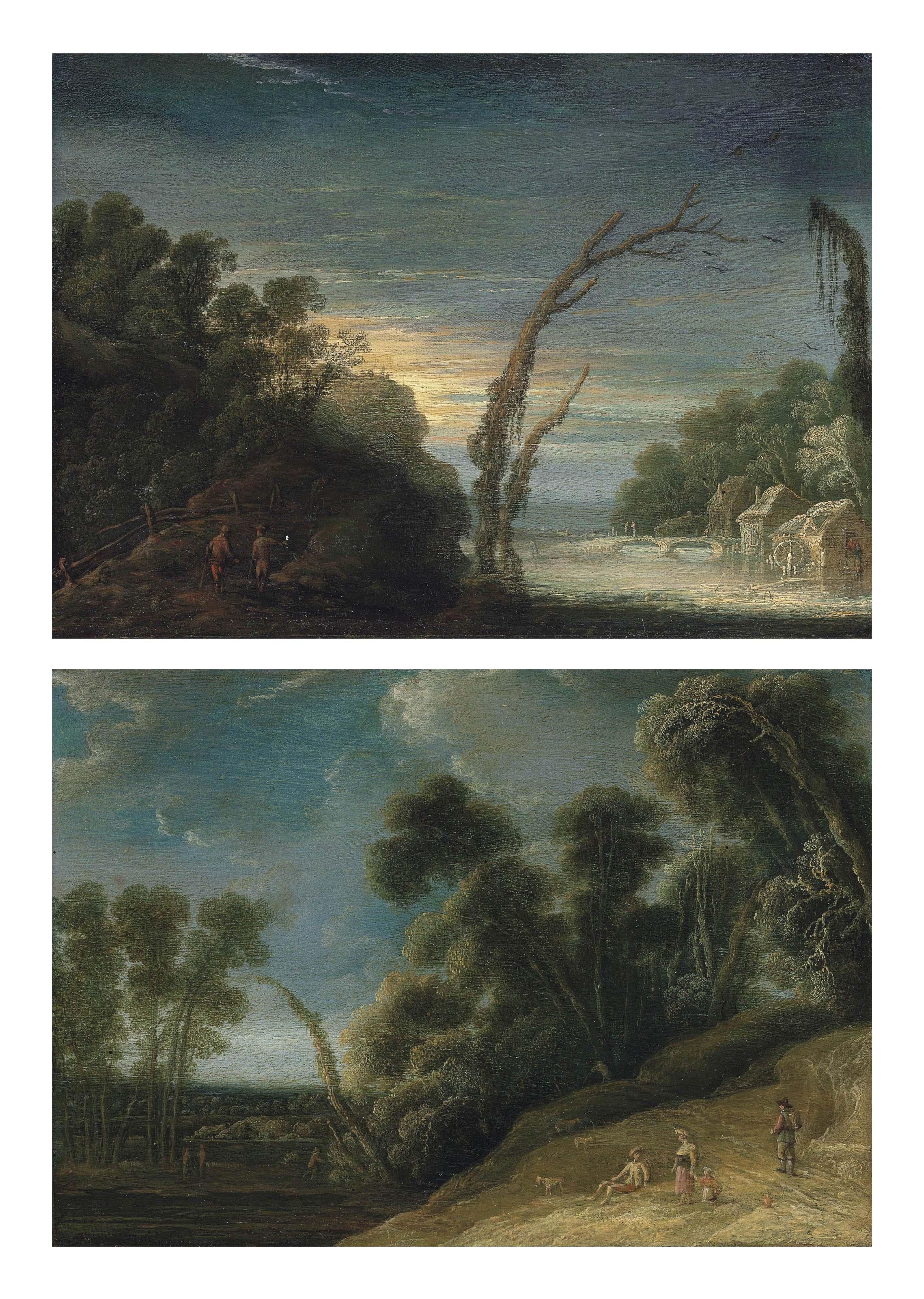 Jacob van Geel - A wooded, river landscape with a watermill and a bridge; and A wooded landscape with a shepherd and other figures on a path in the foreground