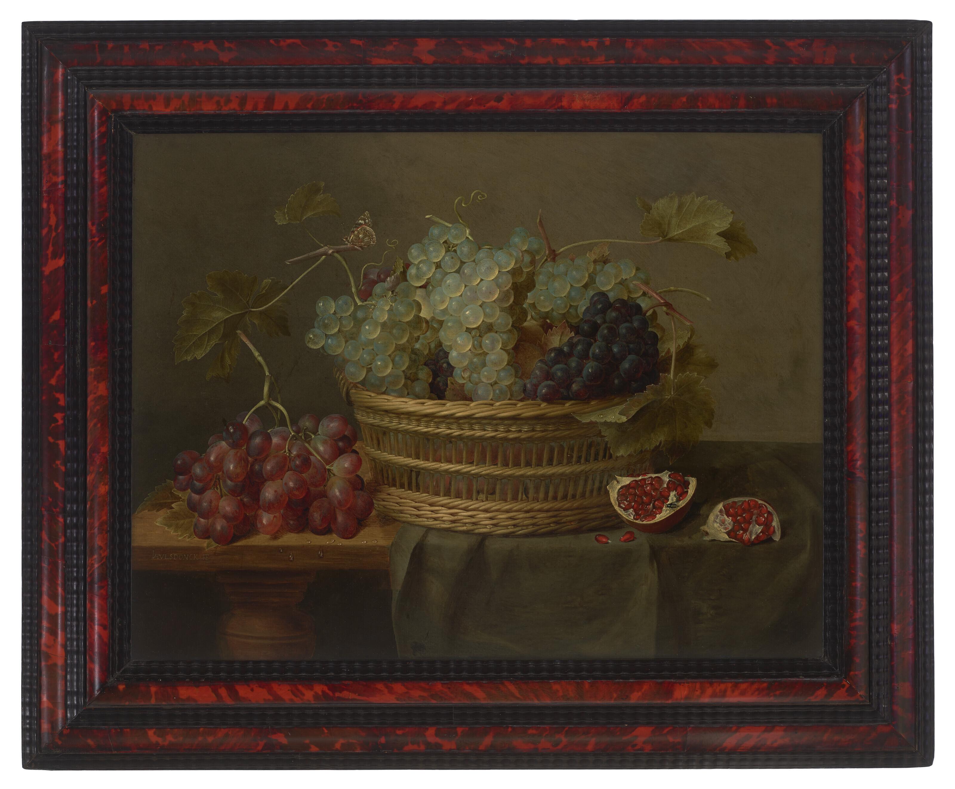 Jacob Van Hulsdonck - A basket of grapes and a pomegranate on a table