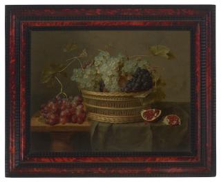 Jacob Van Hulsdonck - A basket of grapes and a pomegranate on a table