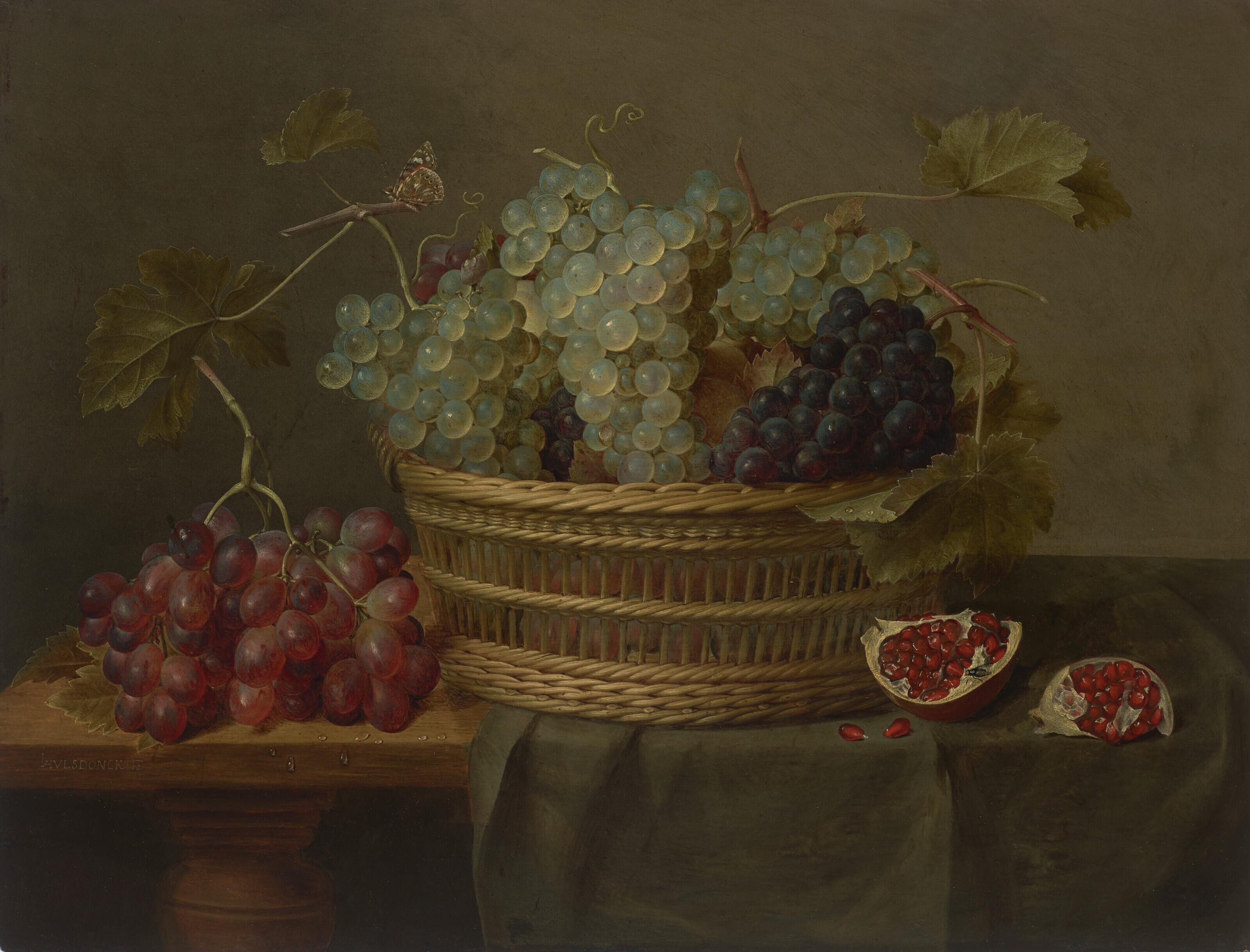 Jacob Van Hulsdonck - A Basket Of Grapes And A Pomegranate On A Table