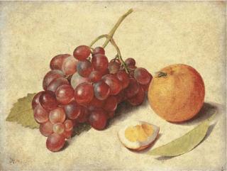 Jacob van Hulsdonck - A bunch of grapes on the vine, an orange segment and an orange, with a leaf and a fly