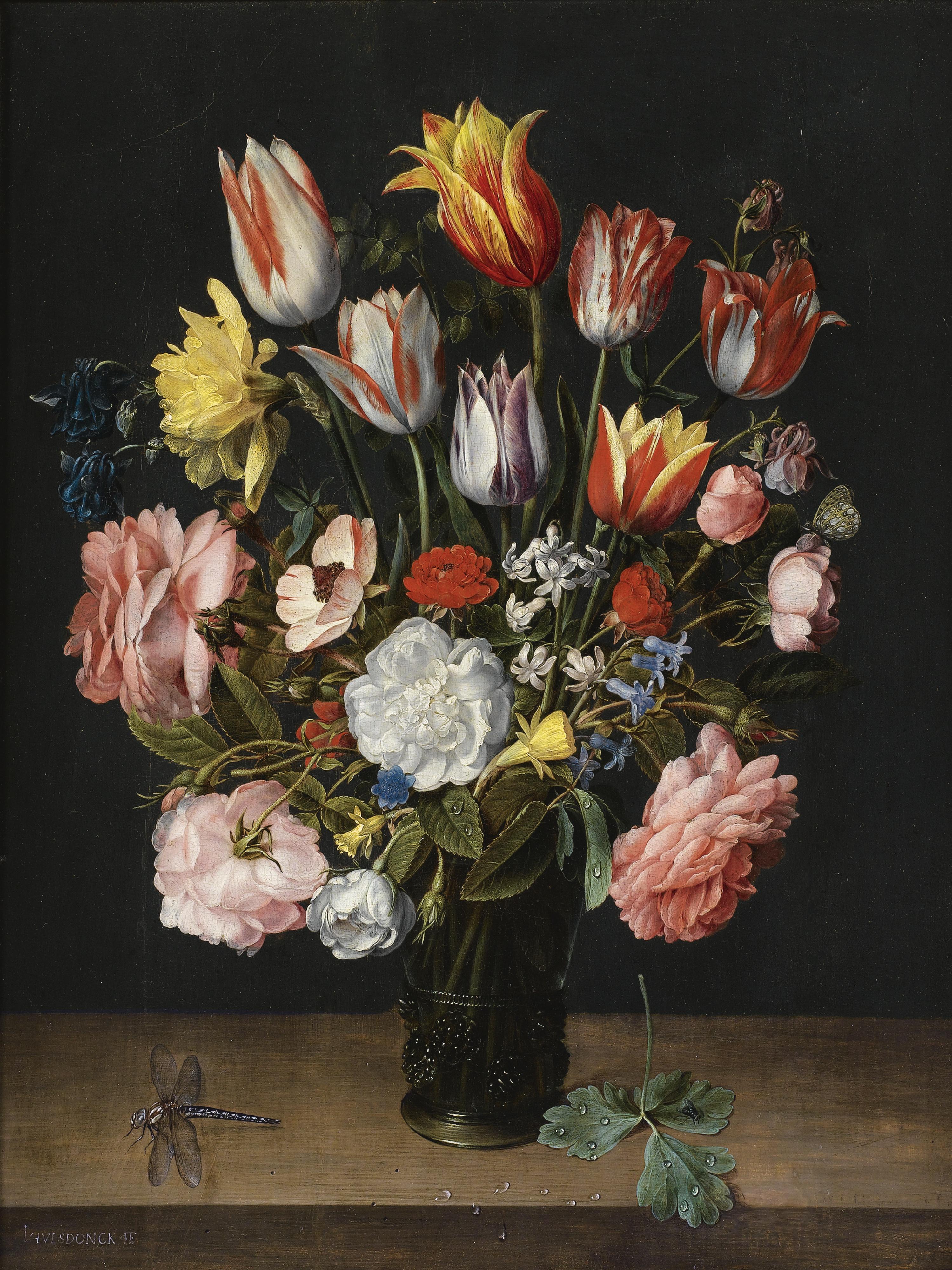 Jacob Van Hulsdonck - A Still Life Of Tulips, Roses, Bluebells, Daffodils, A Peony And Other Flowers In A Glass Roemer On A Wooden Ledge With A Dragonfly
