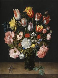 Jacob Van Hulsdonck - A Still Life Of Tulips, Roses, Bluebells, Daffodils, A Peony And Other Flowers In A Glass Roemer On A Wooden Ledge With A Dragonfly