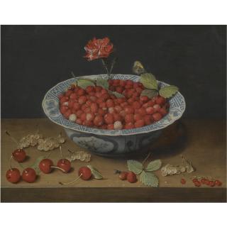 Jacob van Hulsdonck - A Still Life Of Wild Strawberries And A Carnation In A Ming Bowl, With Cherries And Redcurrants On A Wooden Ledge