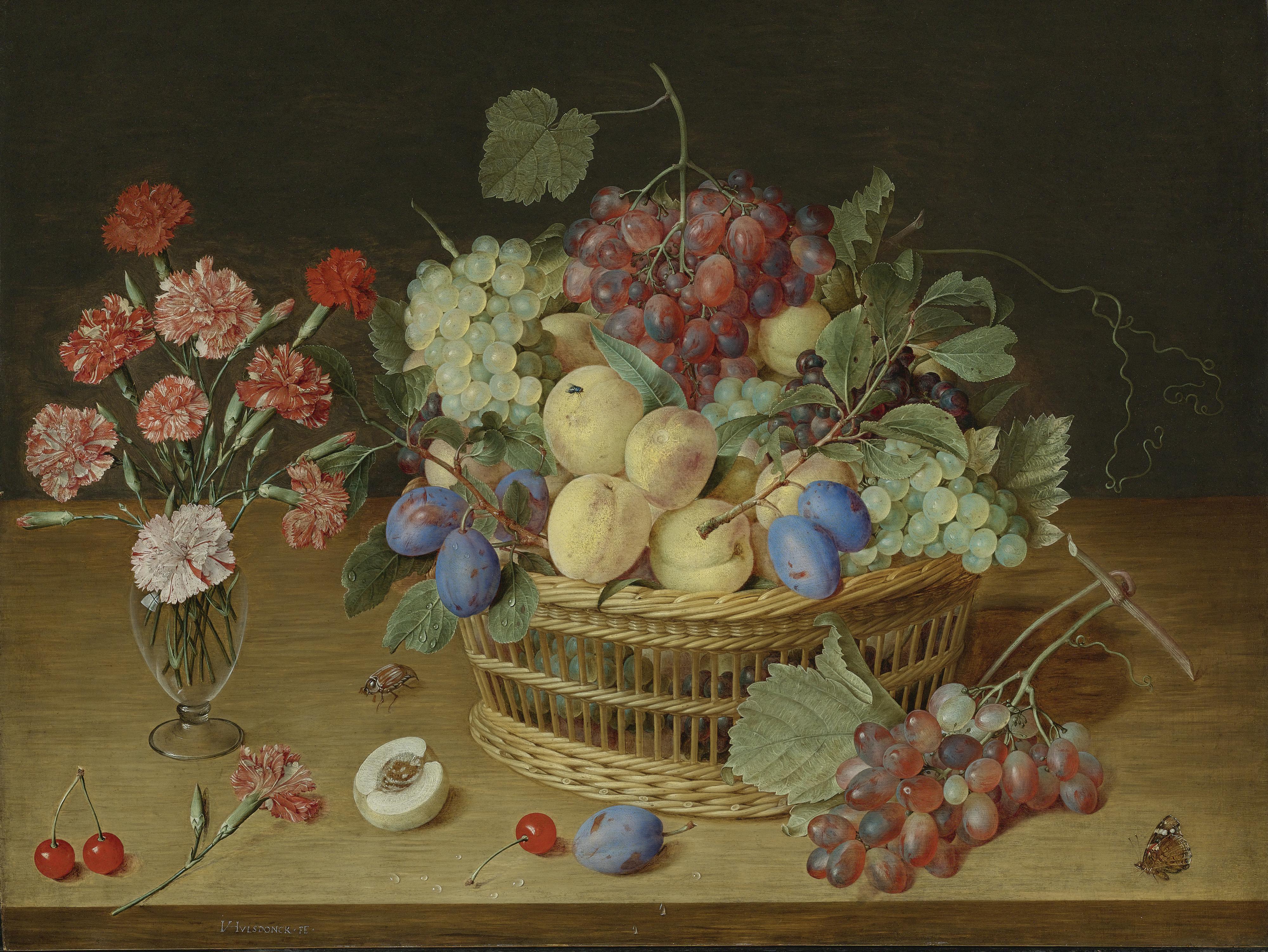 Jacob Van Hulsdonck - A Still Life With A Vase Of Carnations And A Basket Of Peaches, Plums, Black And White Grapes, And Cherries On A Wooden Table Top, With A Maybug, A Red Admiral Butterfly And A Bluebottle