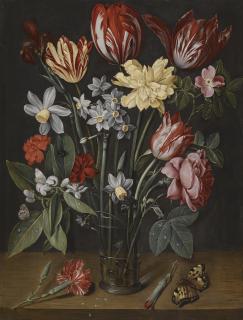 Jacob van Hulsdonck - A Still Life With Tulips, Daffodils, Carnations And Other Flowers In A Vase, All Resting On A Wooden Ledge With Butterflies And A Fly