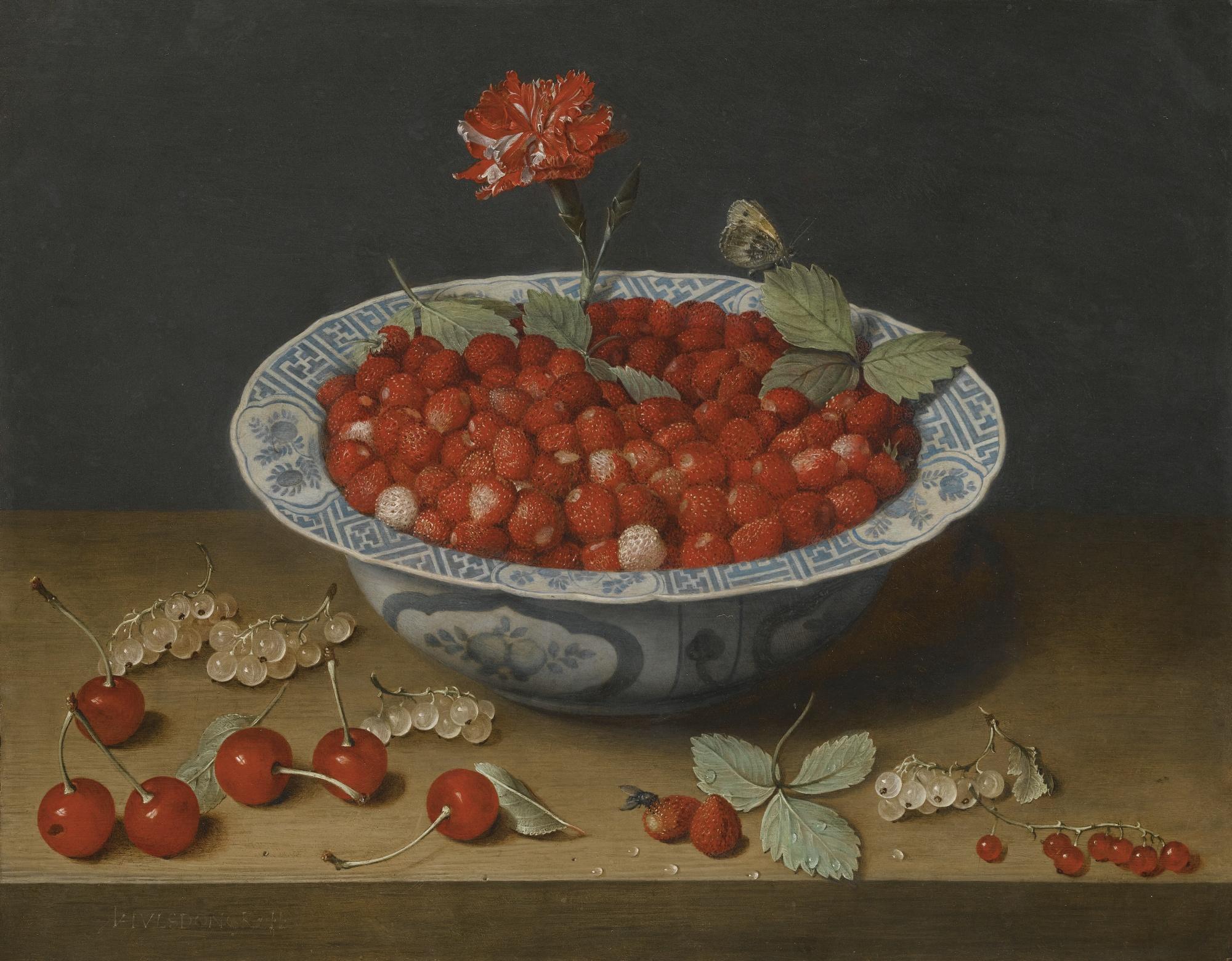 Jacob Van Hulsdonck - A Still Life With Wild Strawberries And A Carnation In A Ming Dynasty, Wanli Period (1573-1619), Blue And White Kraak-Type Barbed-Rim Bowl, With Cherries And Redcurrants On A Wooden Ledge