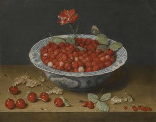 Jacob Van Hulsdonck - A Still Life With Wild Strawberries And A Carnation In A Ming Dynasty, Wanli Period (1573-1619), Blue And White Kraak-Type Barbed-Rim Bowl, With Cherries And Redcurrants On A Wooden Ledge