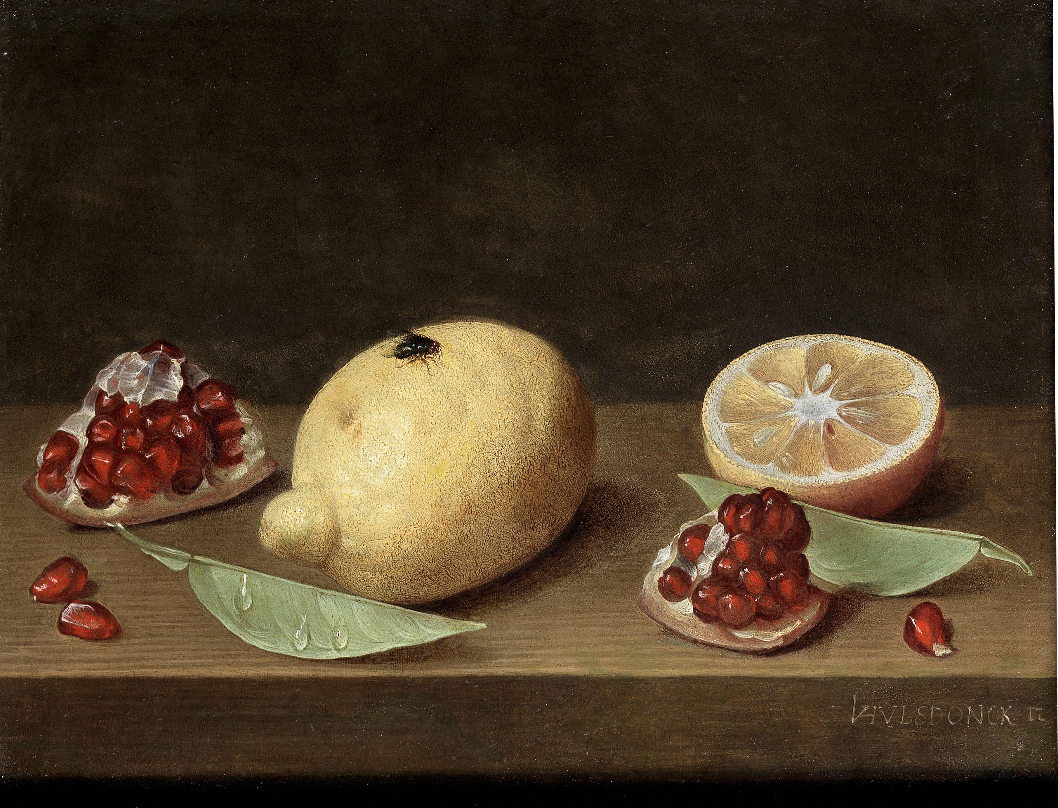 Jacob Van Hulsdonck - A Whole Lemon, A Sliced Lemon And Pomegranate On A Table-Top
