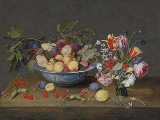 Jacob Van Hulsdonck - Apricots, Plums And Grapes In A Bowl And Strewn On A Ledge, With A Vase Of Flowers