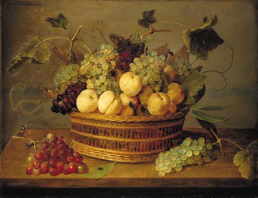 Jacob van Hulsdonck - Grapes on the vine and peaches in a basket on a table, with a butterfly, beetle and fly on a wooden ledge