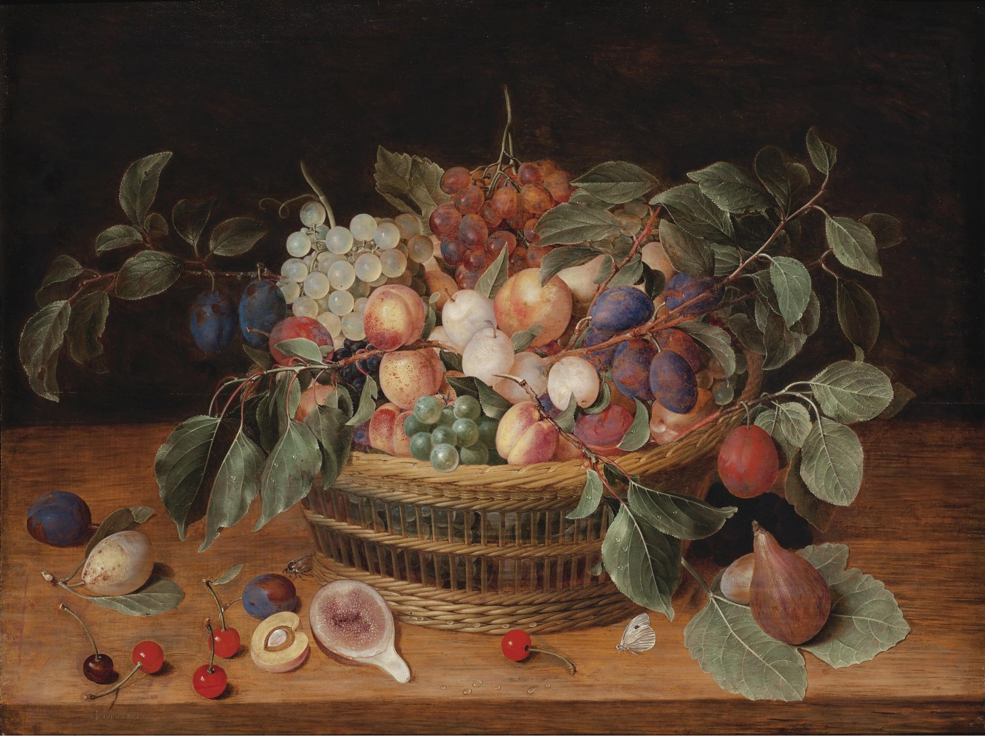 Jacob Van Hulsdonck - Nature Morte Aux Pêches, Prunes Et Raisins Dans Une Corbeille Sur Un Entablement