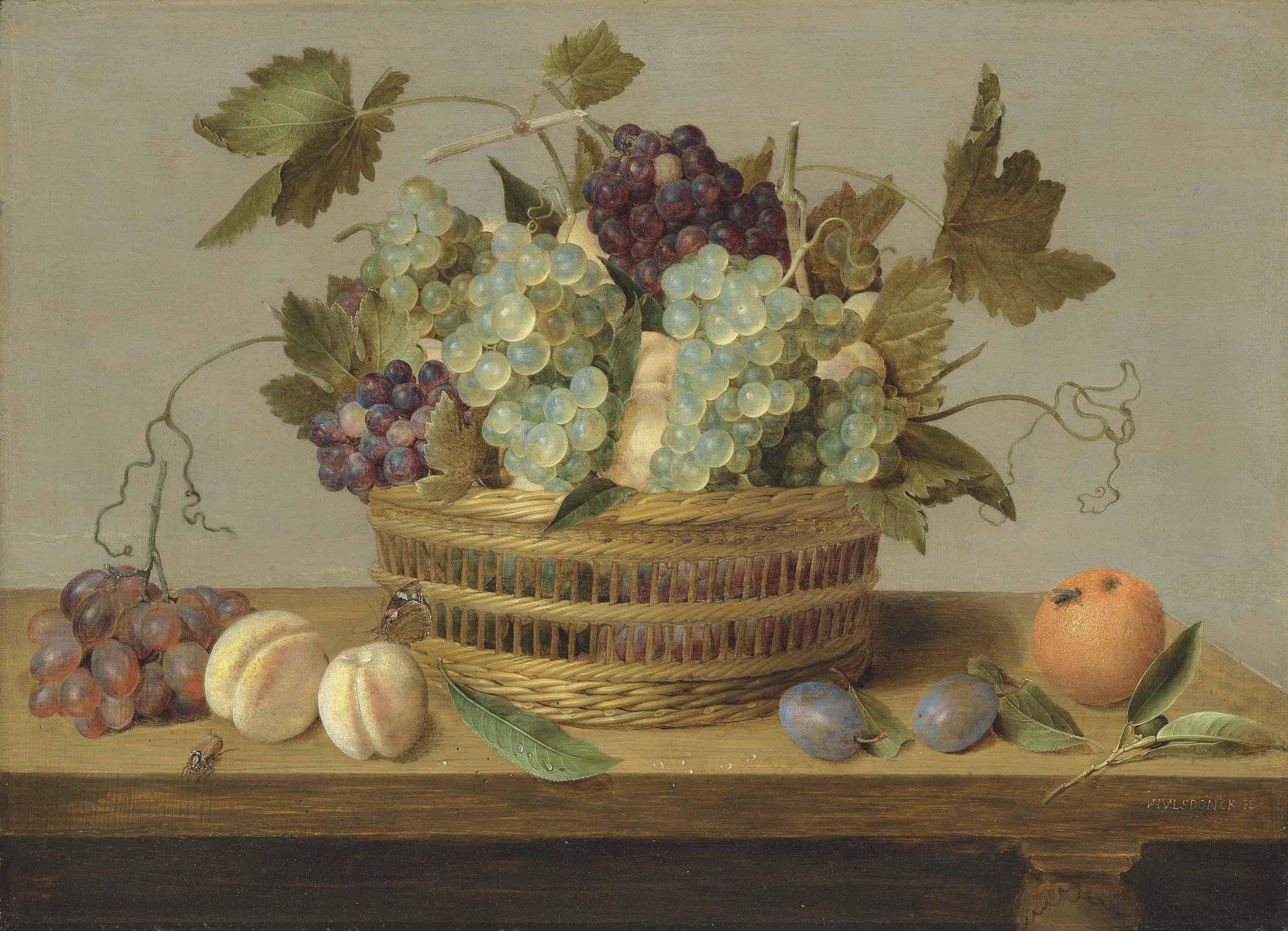 Jacob Van Hulsdonck - Nectarines And Grapes In A Basket On A Table, With Plums, Oranges, A Butterfly And A Beetle
