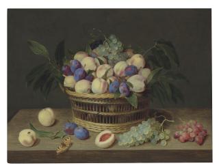 Jacob van Hulsdonck - Peaches, plums and grapes in a wicker basket, with fruit and a butterfly on a wooden table