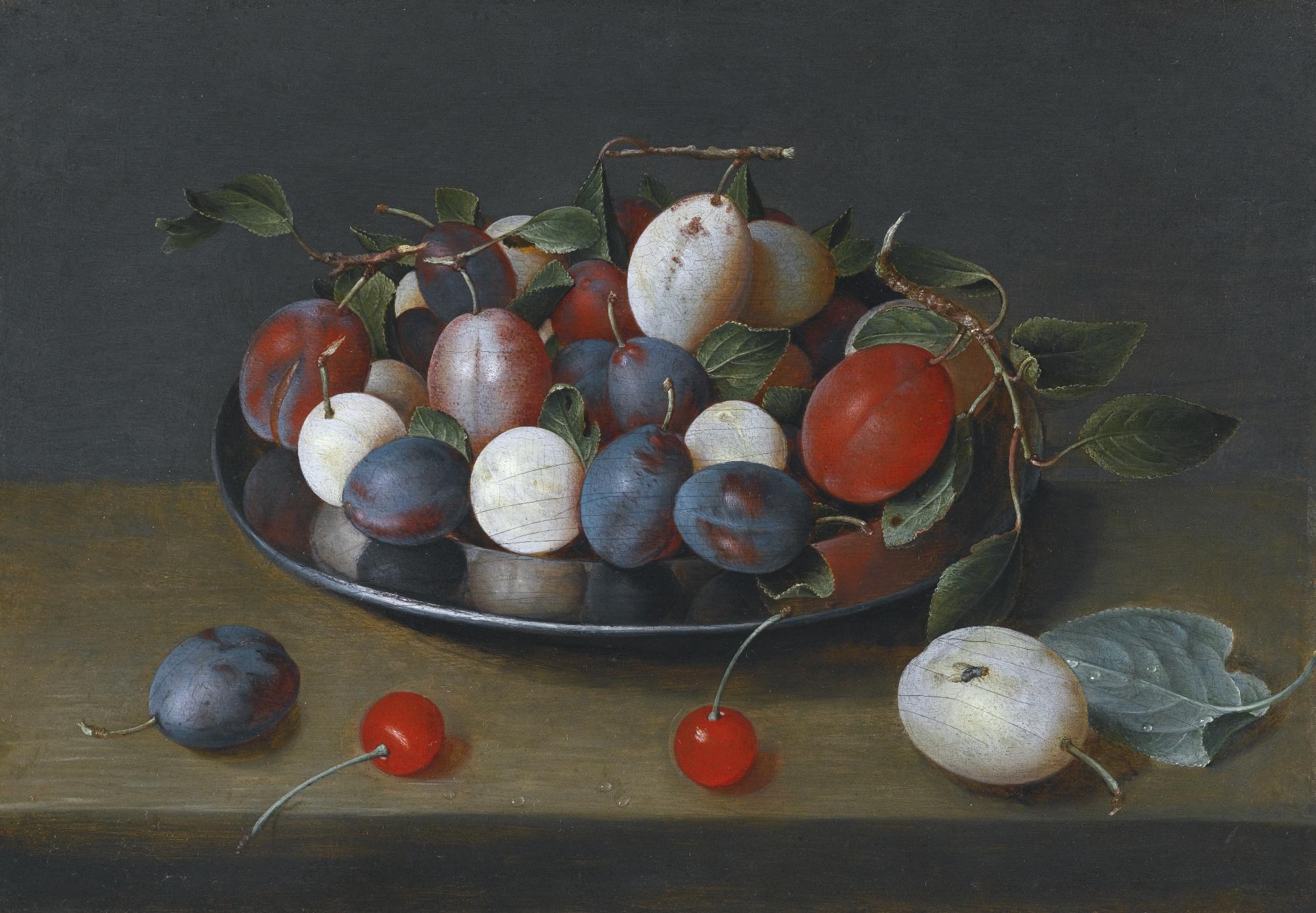 Jacob Van Hulsdonck - Still Life Of Plums On A Plate, With Cherries On The Ledge Beside