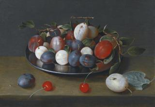 Jacob Van Hulsdonck - Still Life Of Plums On A Plate, With Cherries On The Ledge Beside