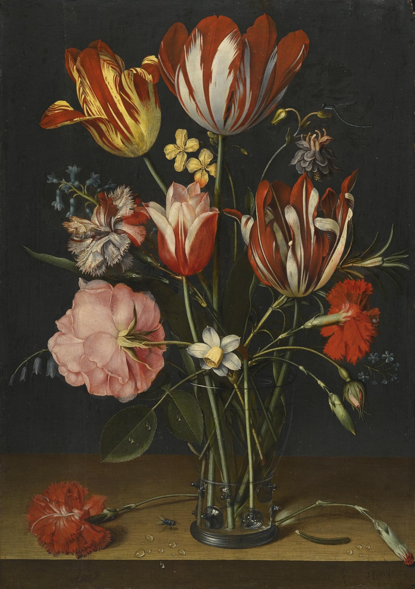 Still Life Of Tulips, Carnations, A Rose And Other Flowers In A Glass  Beaker Resting On A Wooden Ledge by Jacob Van Hulsdonck