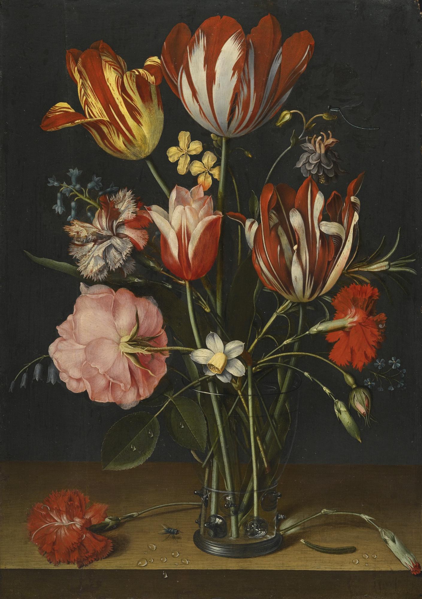 Jacob Van Hulsdonck - Still Life Of Tulips, Carnations, A Rose And Other Flowers In A Glass Beaker Resting On A Wooden Ledge