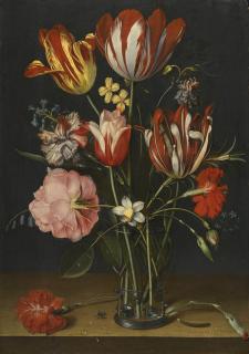 Jacob Van Hulsdonck - Still Life Of Tulips, Carnations, A Rose And Other Flowers In A Glass Beaker Resting On A Wooden Ledge