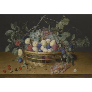 Jacob Van Hulsdonck - Still Life With Plums, Grapes And Peaches In A Wicker Basket, With Cherries, Hazelnuts, A Beetle And A Butterfly On The Wooden Tabletop Beneath
