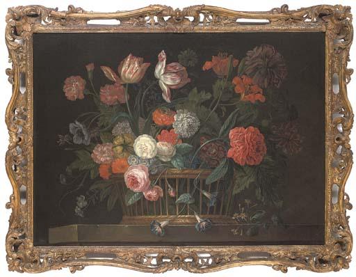 Jacob van Huysum - Roses, chrysanthemums, morning glory, lilies, carnations and other flowers in a basket on a stone ledge