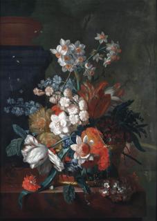 Jacob van Huysum - Tulips, peonies, roses and various other flowers in a wicker basket, with a snail on a marble ledge