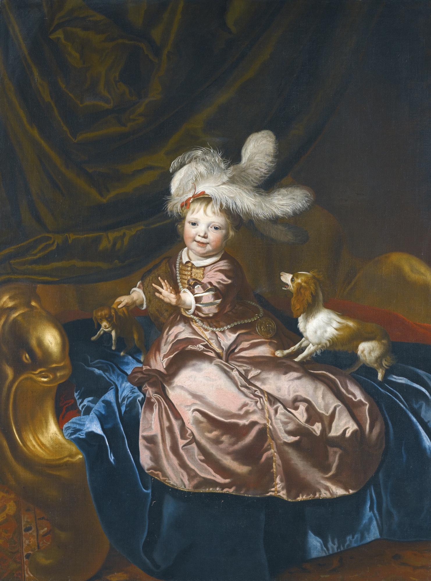 Jacob Van Loo - Portrait Of A Boy, Full Length, In Pink Silk Playing With Two Puppies