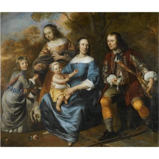 Jacob Van Loo - Portrait Of A Family; All Full Length, A Mother Sitting, Dressed In Blue, With Three Young Children And A Young Man With A Gun, Possibly Her Husband, In A Landscape