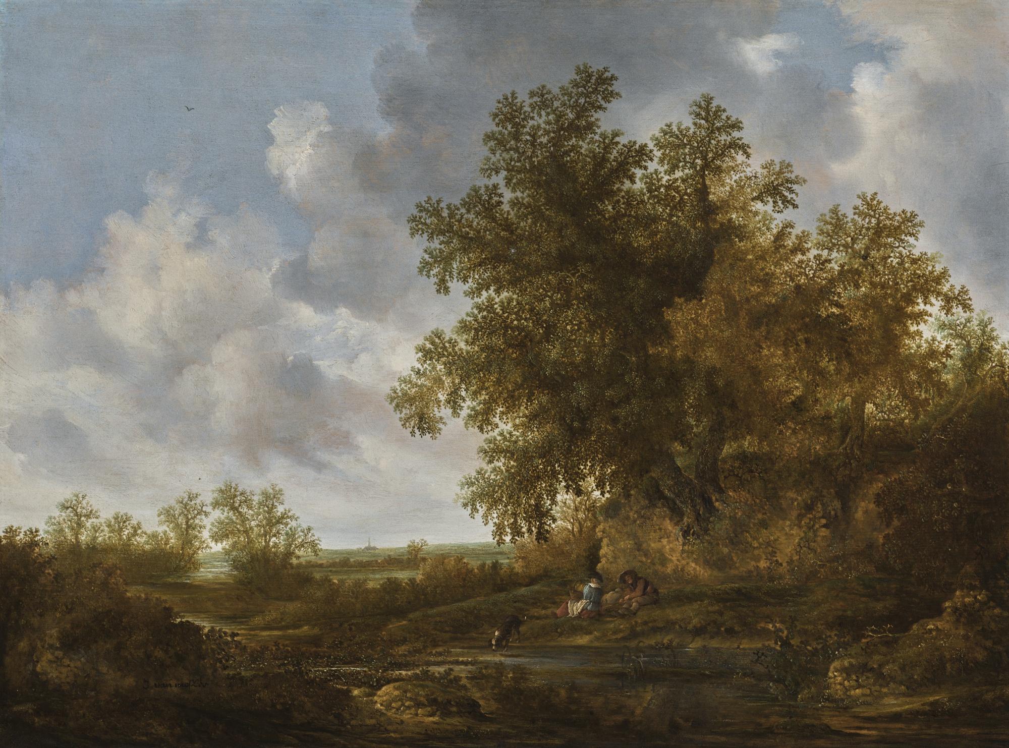 Jacob Van Mosscher - A Couple Resting Beneath Tall Trees On The Bank Of A Pond