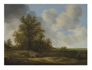 Jacob Van Mosscher - An extensive landscape with figures on a path and a farmhouse beneath a tree