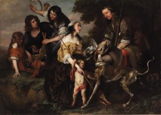 Jacob van Oost - Portrait of a couple in pastoral dress, possibly portrayed as Venus and Adonis, full-length in a landscape with huntsmen nearby